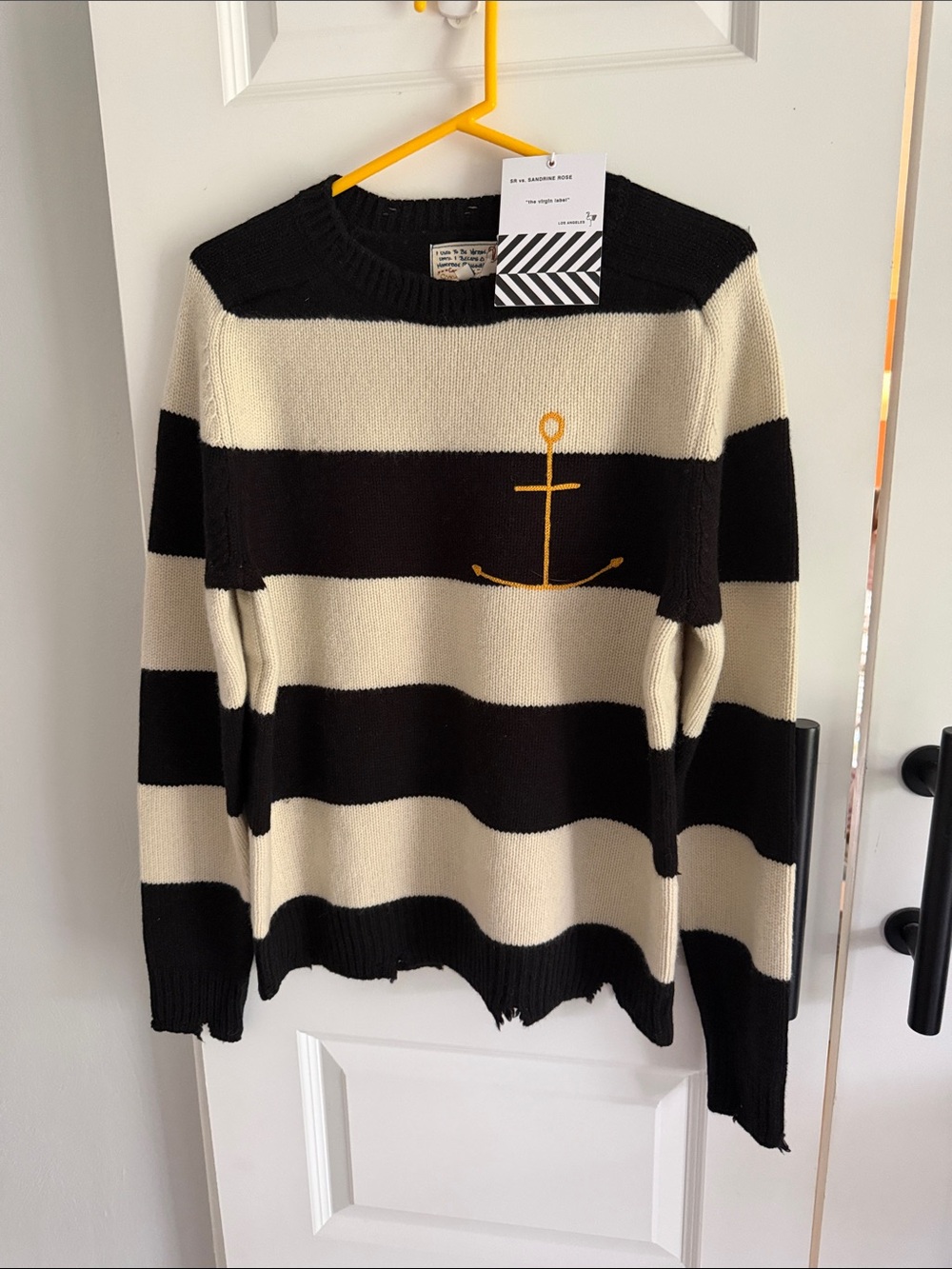 Striped Black & Cream Nautical Anchor Sweater medium